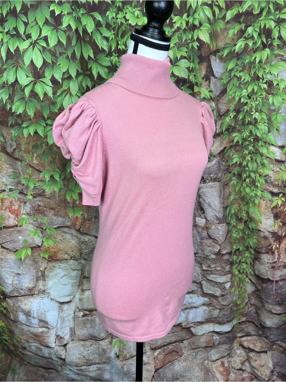 80 PARK Pink Turtleneck Ruched Puffy Short Sleeve Fitted Cottagecore Sweater, S - Picture 9 of 10